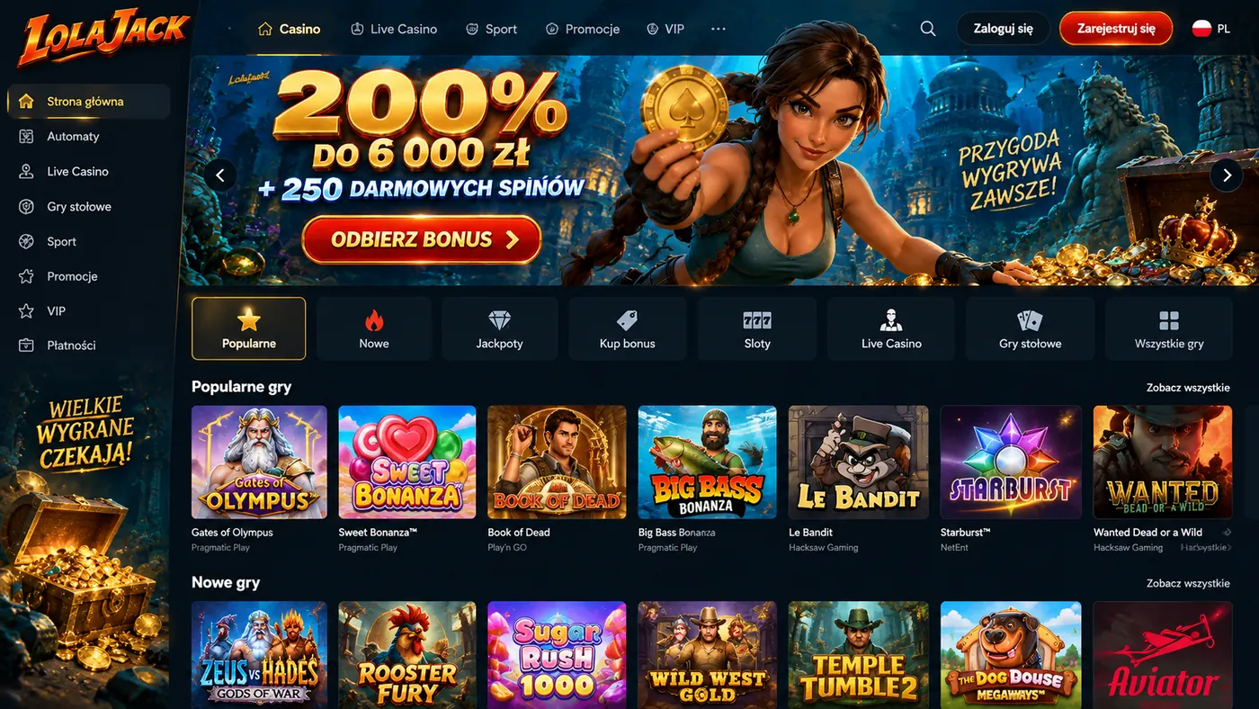Panel logowania LolaJack Casino na stronie głównej